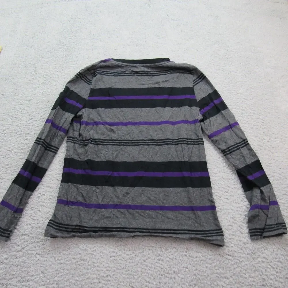 Chaps Sweater Womens Large Gray Black Purple Striped V Neck Pullover Long Sleeve